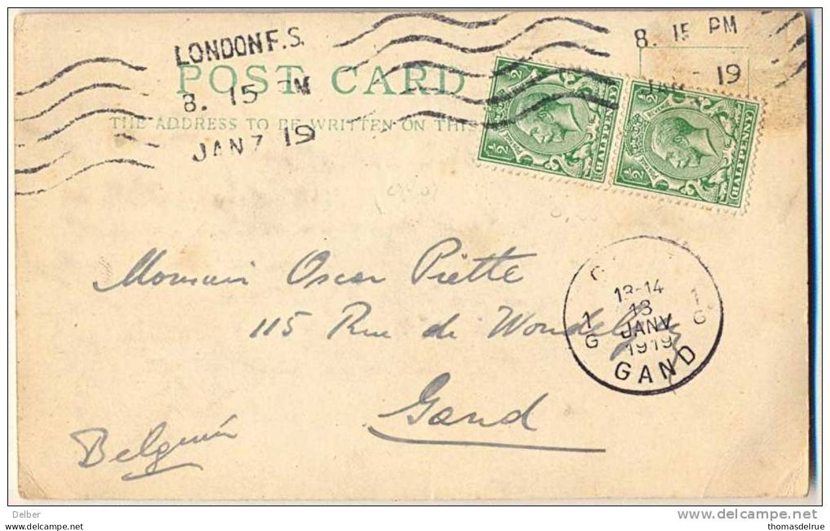 _Np678: Noodstempel 1G GENT 1G GAND 13-14 13 JANV 1919 ...franse Maand : Aankomststempel - Fortune Cancels (1919)