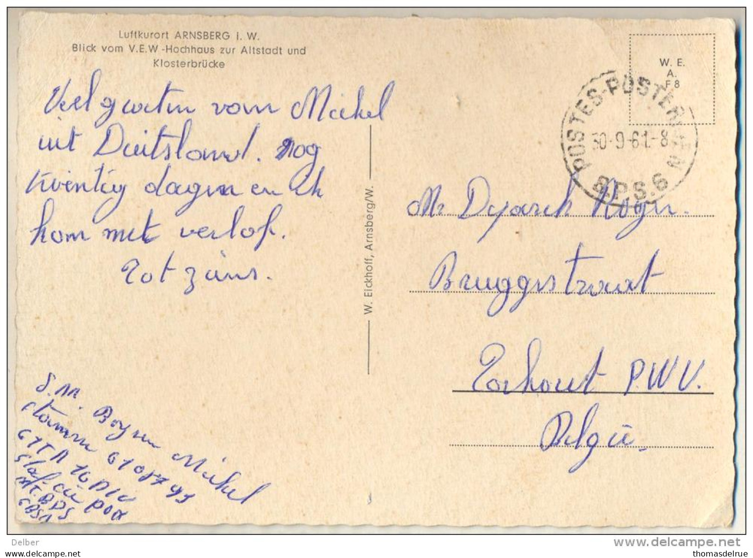 3pk372: POSTES-POSTERIJEN B.P.S. 6 30-9-61 / Pk: Luftkurort  ARNSBERG > Torhout - Armeestempel