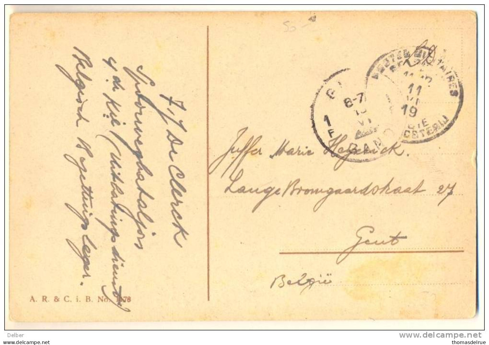 3pk826: Fantasie Kaartje : L.D. : PMB-BLP 11 VI 19 > 1F GENT 1F GAND 13 VI _ Noodstempel: Geenjaartal - OC38/54 Belgian Occupation In Germany