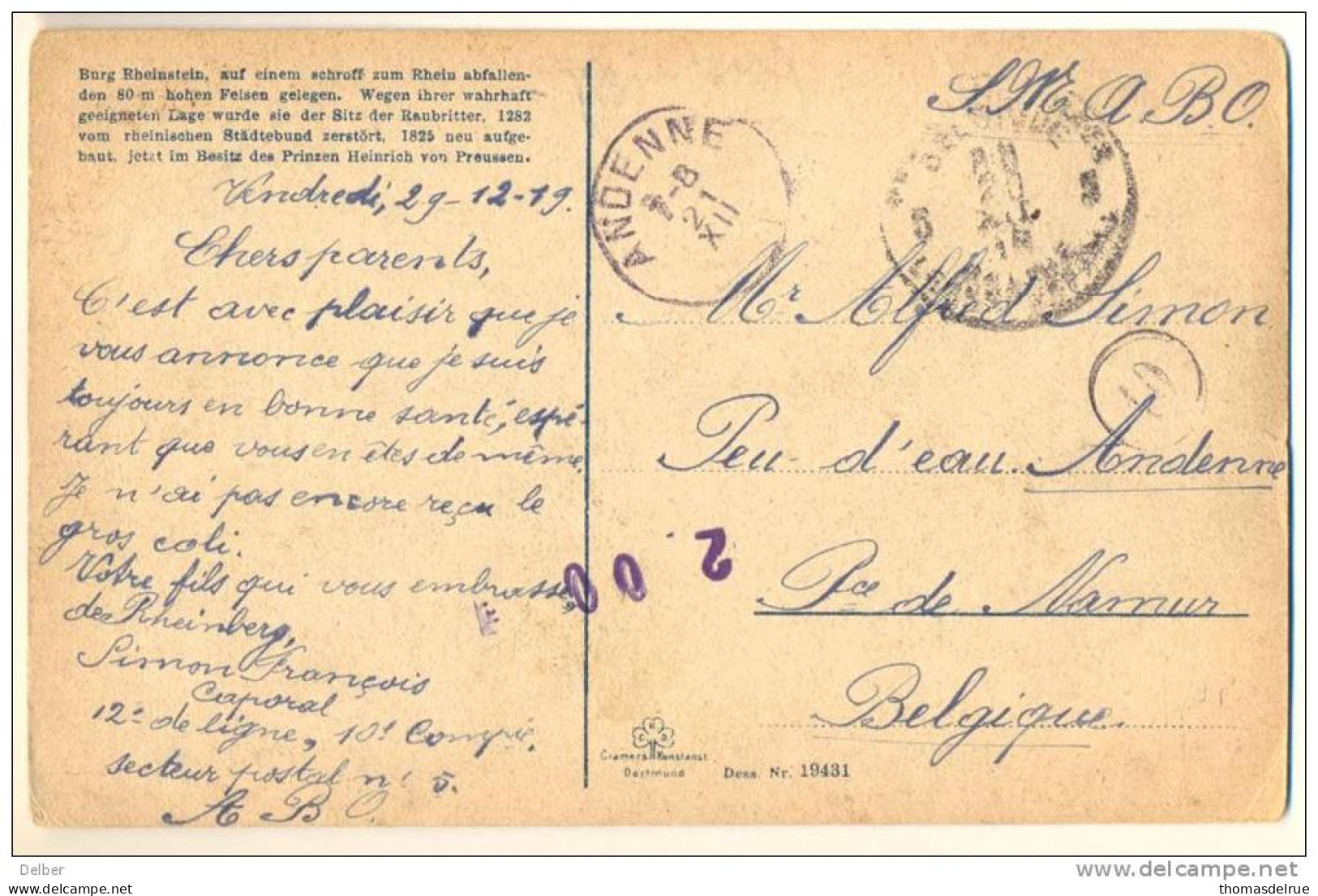 3pk822: Postkaart: Burg  Rheinstein: S.M.A.B.O.: 5PMB 5 BLP: > ANDENNE 7-8 21 XII ___: Geen Jaartal: Noodstempel - Fortuna (1919)