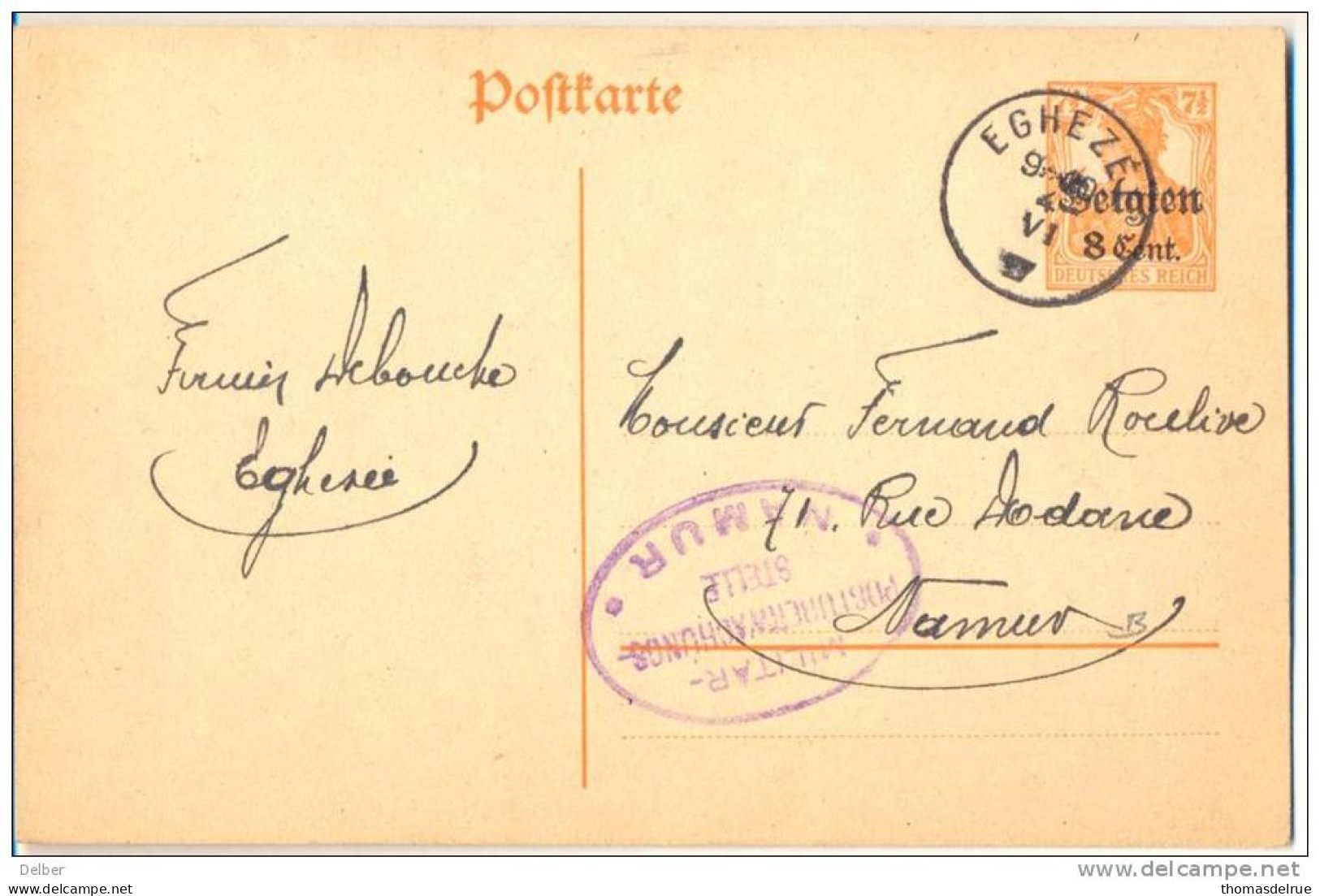 1p496: Postkarte Belgien 8 Cent. /7½Pf: EGHEZEE ___ > Namur + Censuur NAMUR : Geen Jaartal  ( 1917) - Occupation Allemande