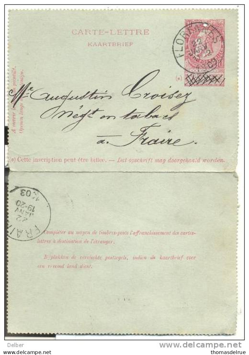 Ik239: CARTE-LETTRE / KAARTBRIEF : 10ct: FLORENNES 22 JANV 1903 > FRAIRE 22 JANV 1903 - Letter Covers