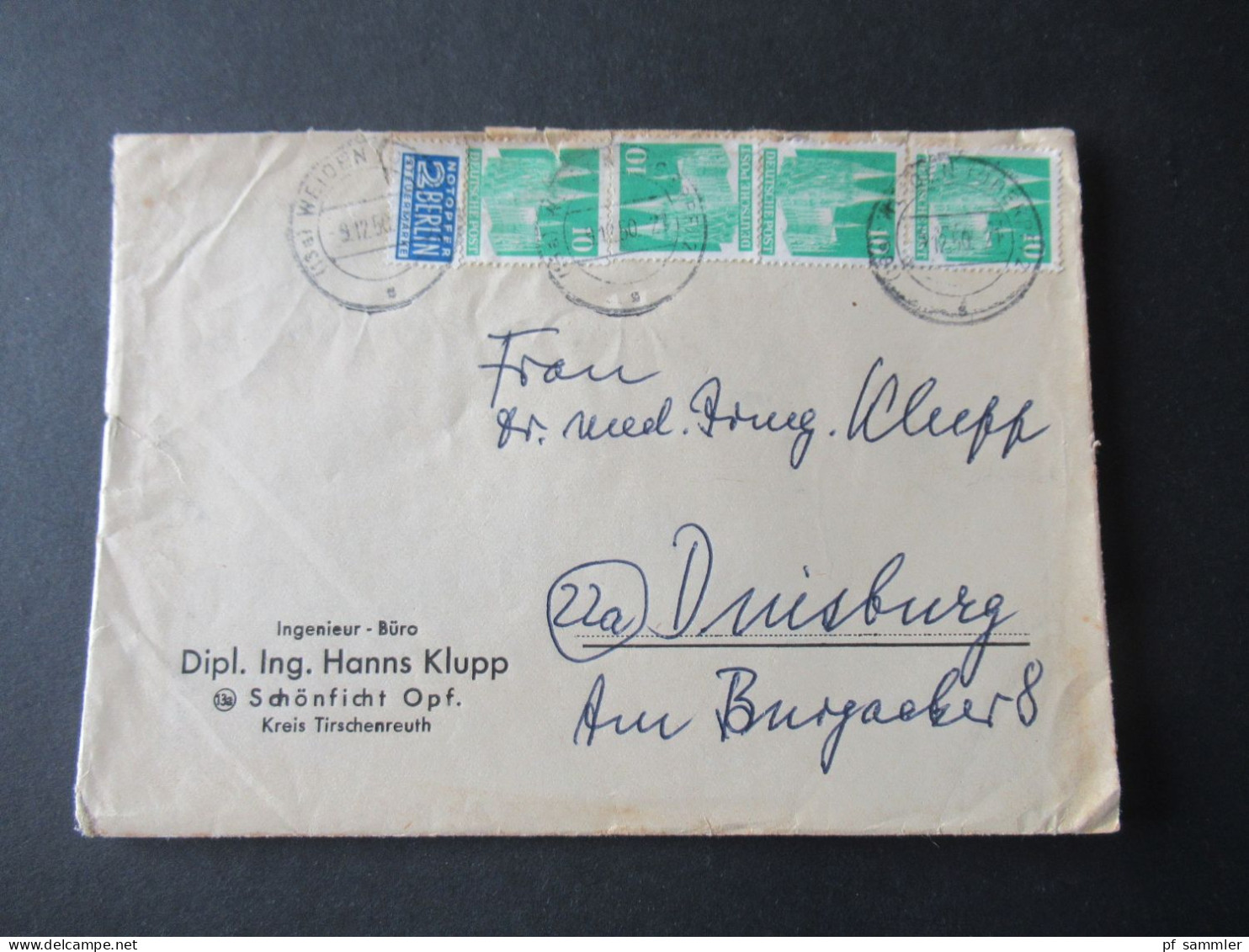 Bizone 1950 Bauten Nr.80 (4) MeF Fernbrief 2.Gewichtsstufe Schönficht Oberpfalz Stempel Weiden Oberpf Nach Duisburg - Brieven En Documenten