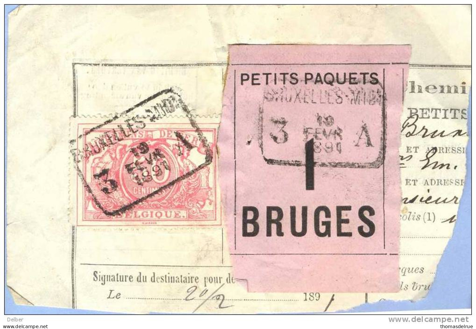 _V865:BRUXELLES-MIDI 3 __A 19 FEVR 1891> BRUGES- 3: Platte & Rechte Kop:m4SP11/ Fragm.  PETITS PAQUETS:1: - Documentos & Fragmentos