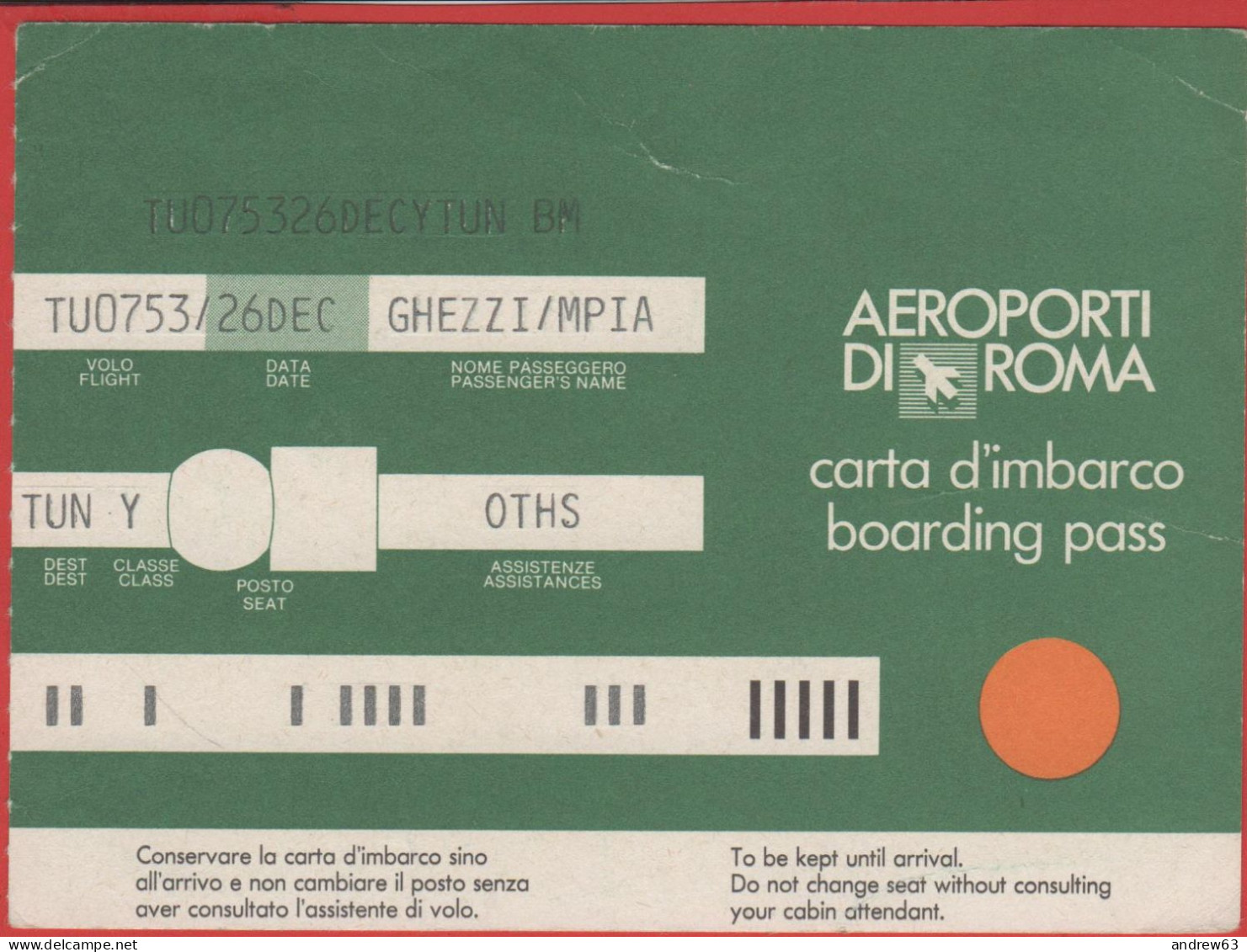 TUNISIA - TUNIS AIR - TU753 - Roma-Fiumicino-Tunisi - Carta D'Imbarco - Boarding Pass - World