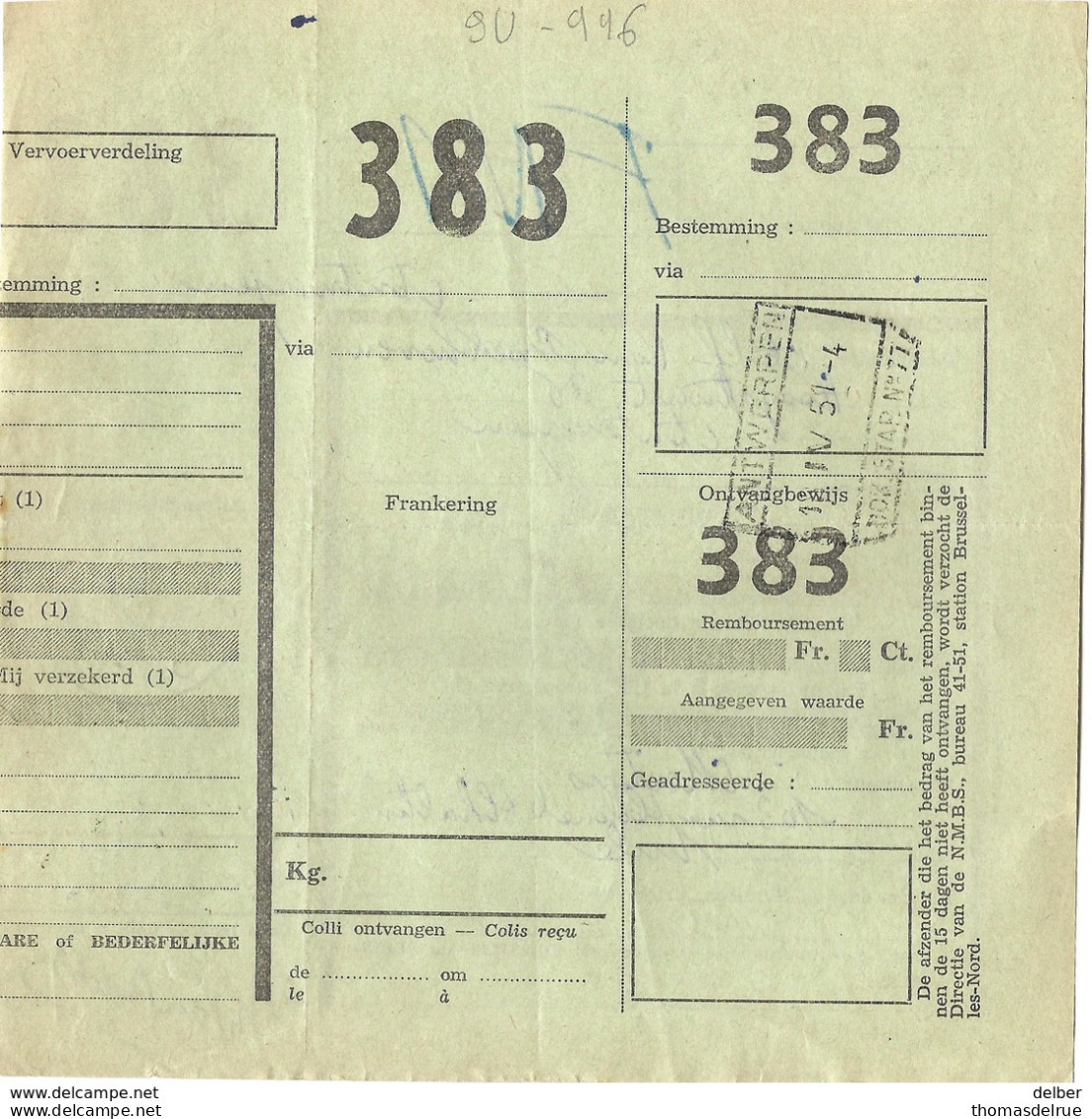 _9V-996: D.C.1985 +TR322 : UCCLE-UKKEL D1D  > Antwerpen:   ANTWERPEN /19.IV 51 -4 / DOK.STAP.N° 77 - Autres & Non Classés