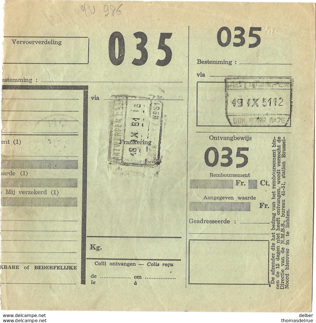 _9V-986: D.C.1985 +TR323: ARLON H1H > Anvers: ANTWERPEN 18 IX 51 & 19 IX 51 12: 2 Stempels... N°51 & N° 76 - Autres & Non Classés