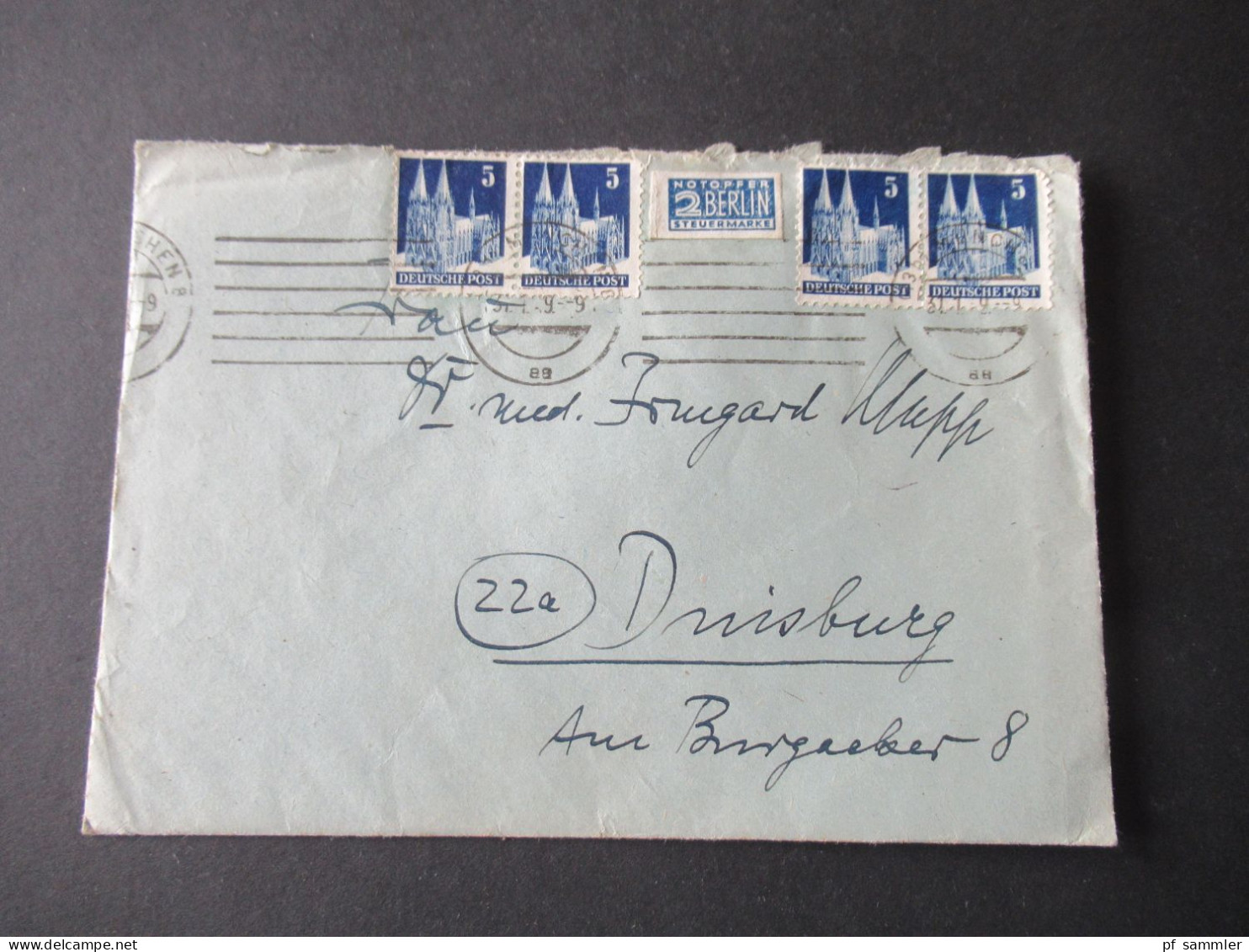 Bizone 1949 Bauten Nr.75 (4) MeF Fernbrief München Nach Duisburg Mit Notopfermarke Ungezähnt / Maschinenstempel München - Briefe U. Dokumente