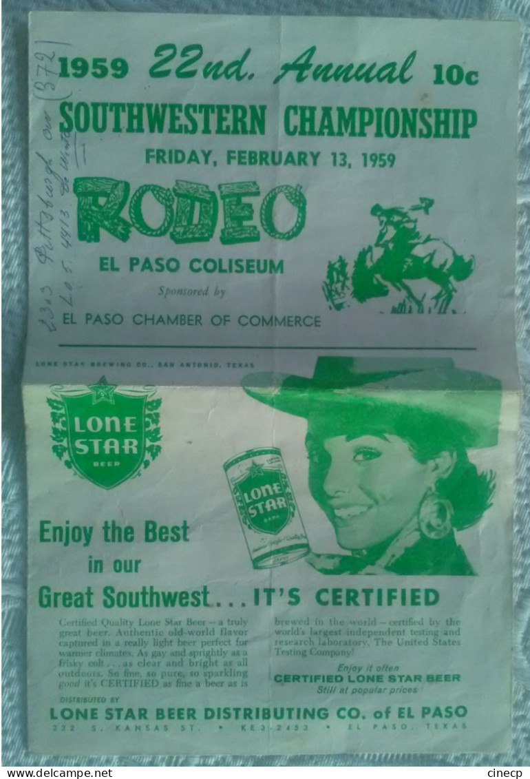 USA FLYER PUBLICITE 1959 SOUTHWESTERN CHAMIONSHIP RODEO LONE STAR BEER PIN UP - El Paso