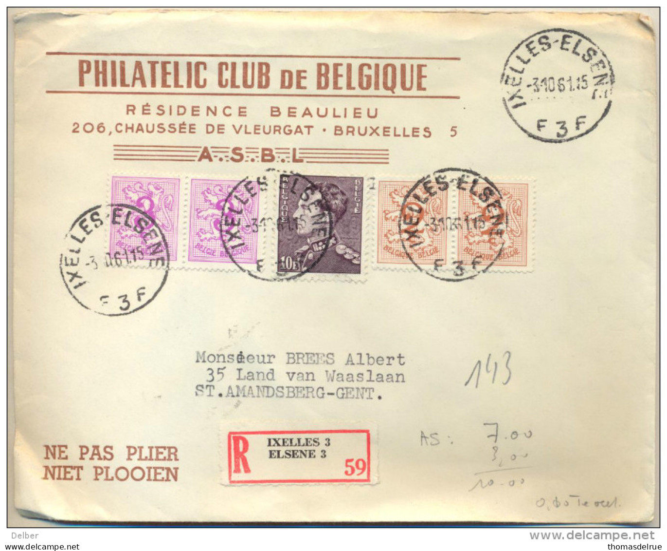4cp-133: N° 1026A & B Bijgebruikt Op Een Aangetekende Brief... Werk Van De A.S.B.L. - 1951-1975 Heraldischer Löwe (Lion Héraldique)