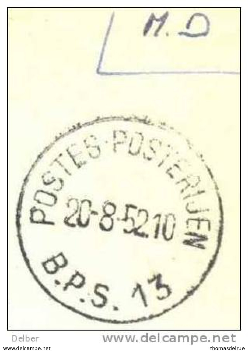 _N728: Onder Portvrijdom Verstuurde Brief: POSTES-POSTERIJEN- B.P.S.13 20-8-52.10 > Aalst - Marcas De La Armada