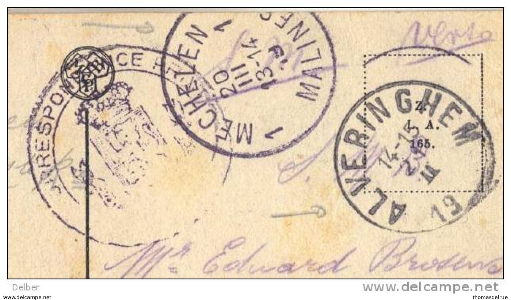 _R735: 2x Verstuurde Postkaart= FURNES à Vol D'oiseau (weggenomen Zegels Voorkant):ALVERINGHEM 19__ Onvol.jaar--MECHELEN - Noodstempels (1919)