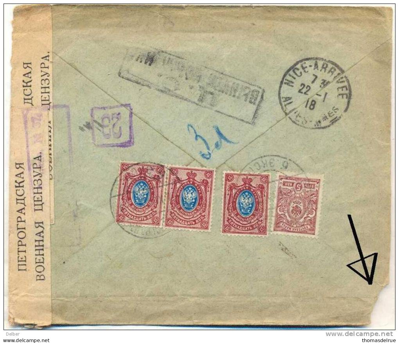 _R273: Aangetekende Brief: Met Censuur Stempels :  Petrograskaya 21.XI.1917...>Nice  France  22-1 18 - Lettres & Documents