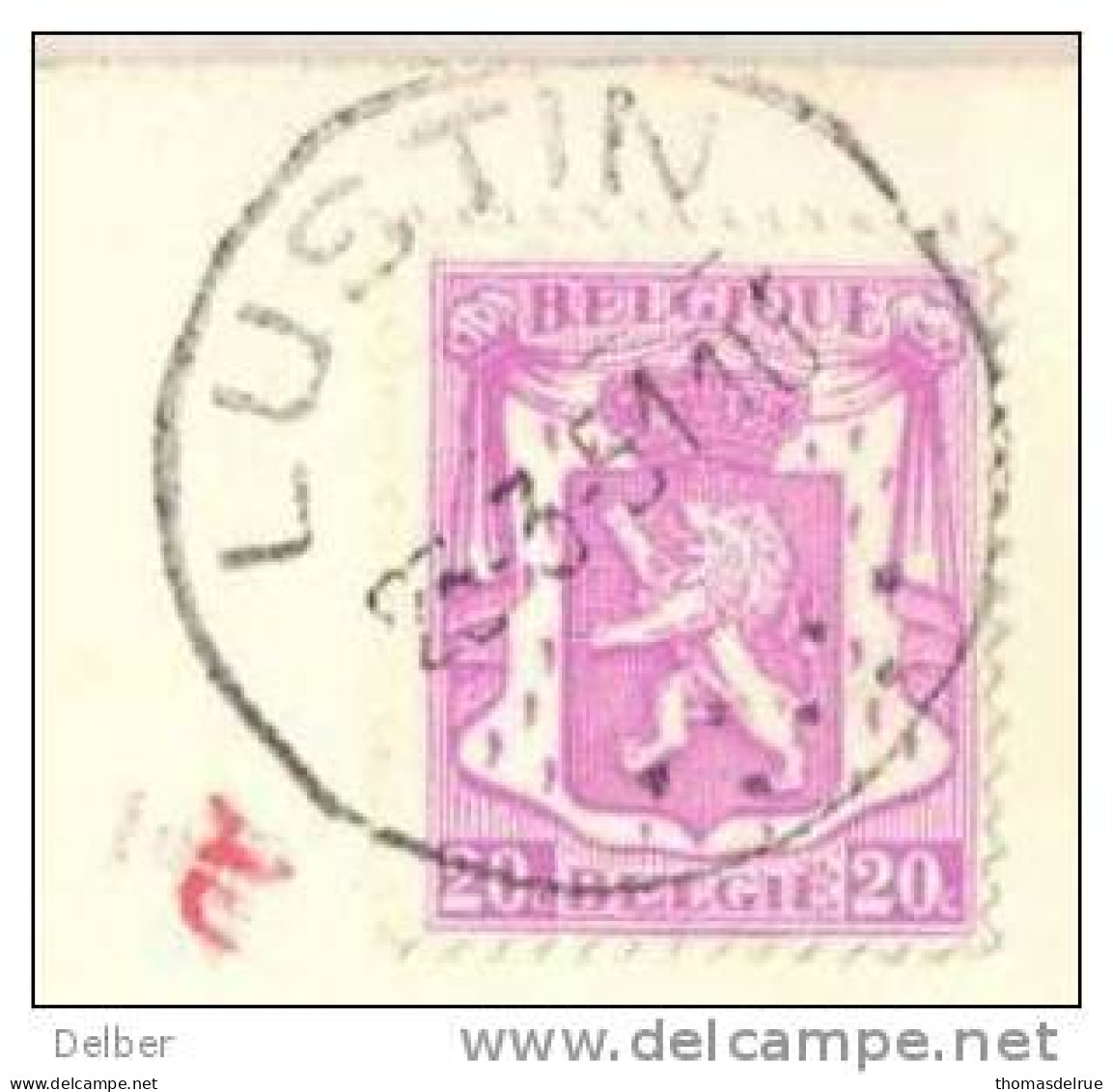 _G262: Fantasiekaart Met: N° 422 : 20 C:   LUSTIN > Leke  & Met Sorteerstempeltje: Ad - 1935-1949 Small Seal Of The State
