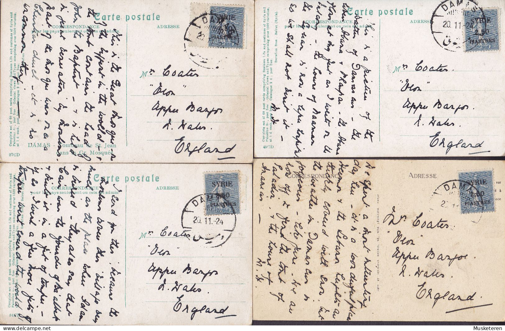 Syria Syrie 4 CPA Semeuse Millésimes & Surchargé DAMAS 1924 To UPPER BANGOR Wales England (6 Scans) - Lettres & Documents