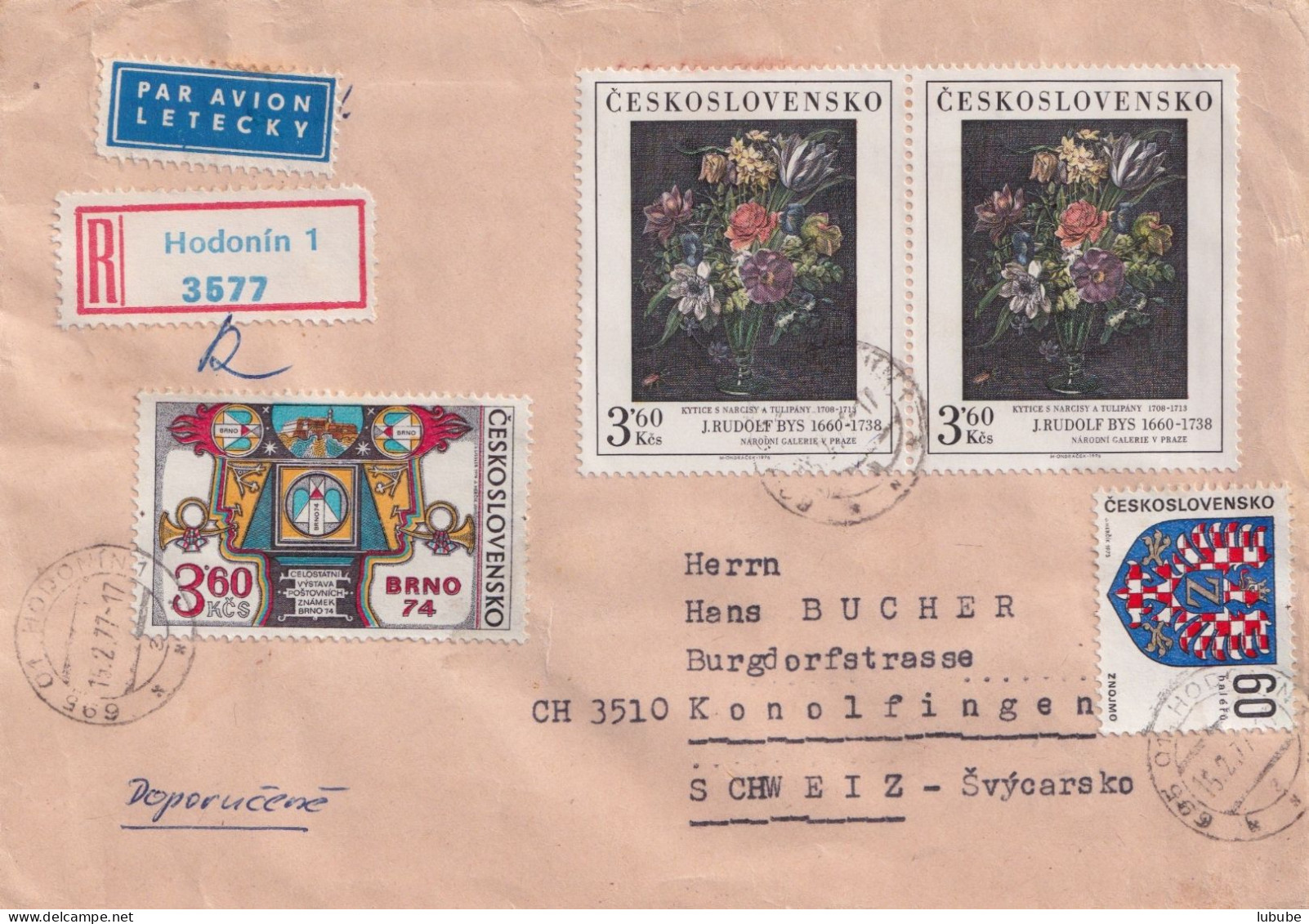 Luftpost R Brief  Hodonin - Konolfingen         1977 - Storia Postale