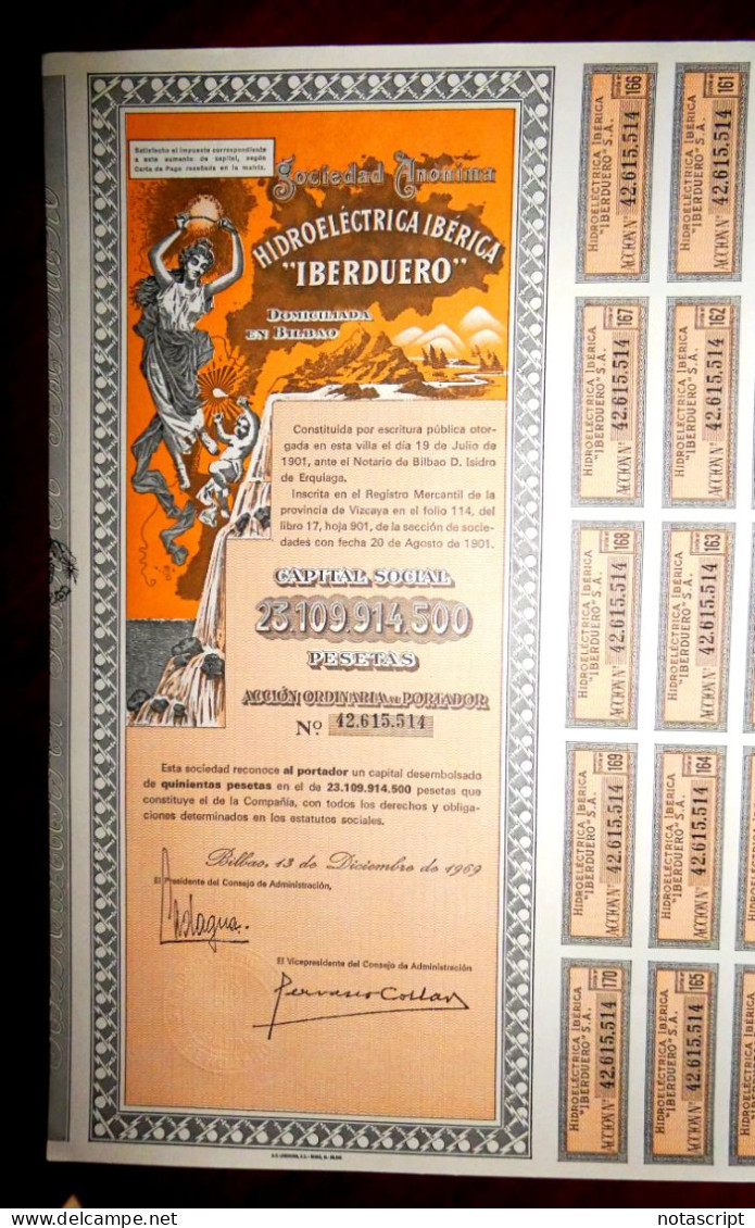 "Hidroeléctrica Iberica ,Iberduero ,SA"  Bilbao 1969.share Certificate - Electricité & Gaz