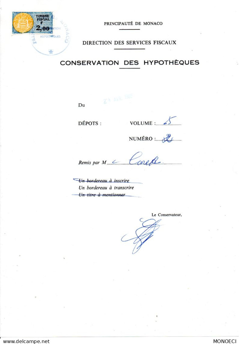 MONACO -- MONTE CARLO -- Timbre Fiscal 2 F.bleu, Jaune Et Noir Sur Document 24 Avril 1985 - Fiscales