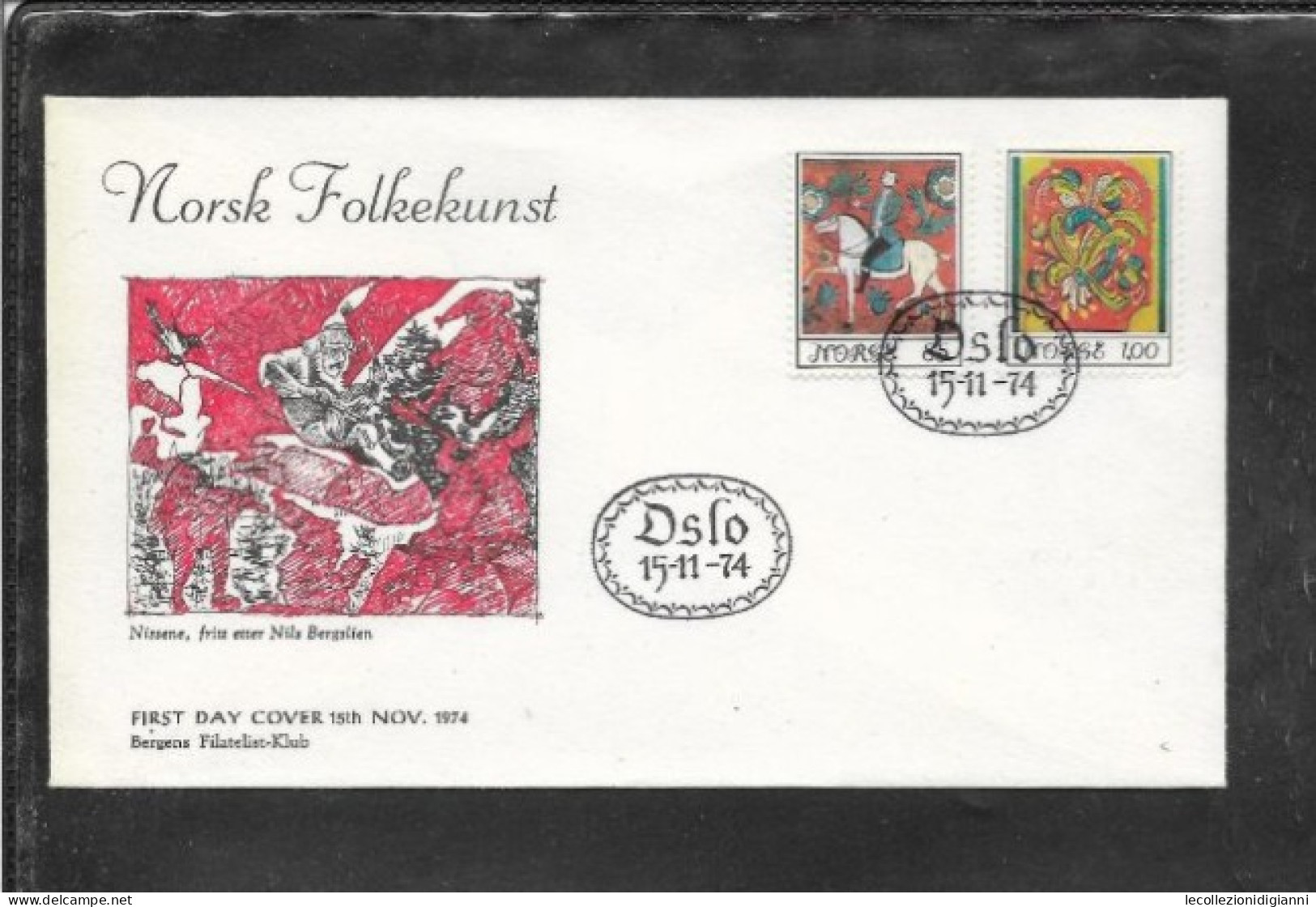 937) Busta FDC Norvegia Norge Oslo 15.11.74 NORSK FOLKEKUNST 1974 Bergens Filatelist Klub - Cartas & Documentos