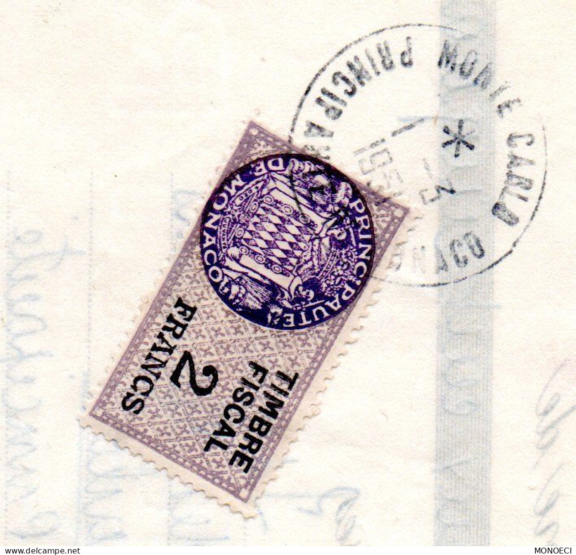 MONACO -- Timbres Fiscaux " Armoiries De Daussy "  2 Francs Violet-gris, Lilas Et Noir Sur Lettre De Change - Steuermarken