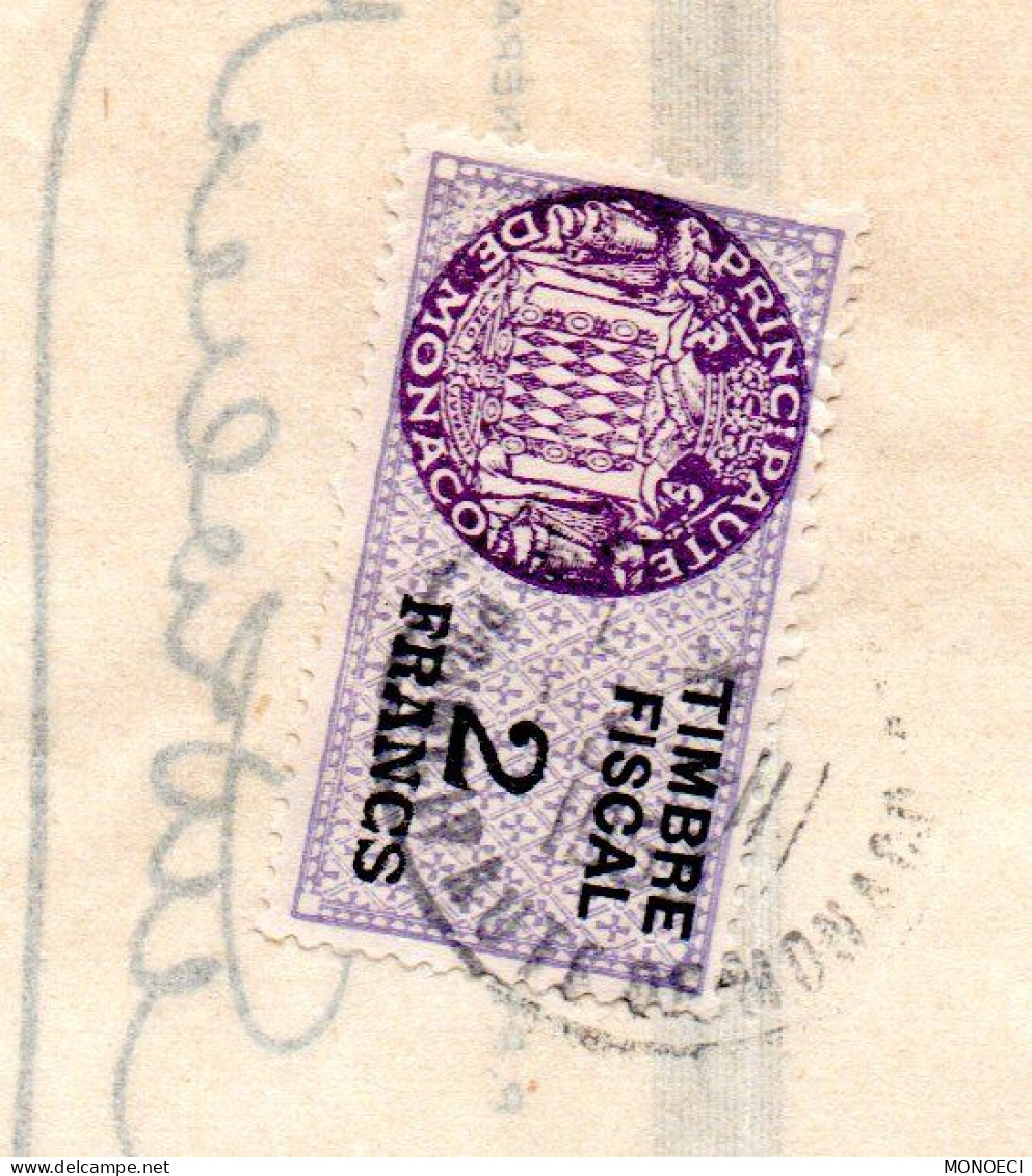 MONACO -- Timbres Fiscaux " Armoiries De Daussy "  2 Francs Violet-gris, Lilas Et Noir Sur Lettre De Change - Steuermarken