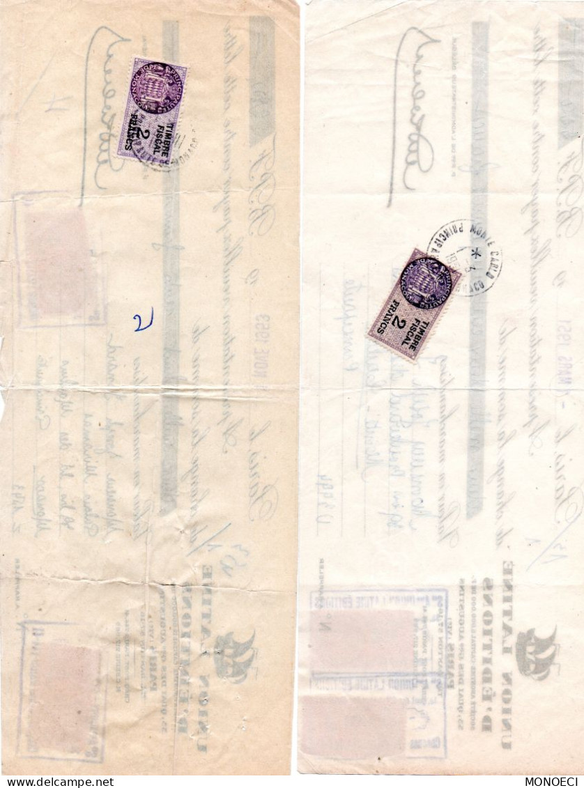 MONACO -- Timbres Fiscaux " Armoiries De Daussy "  2 Francs Violet-gris, Lilas Et Noir Sur Lettre De Change - Steuermarken