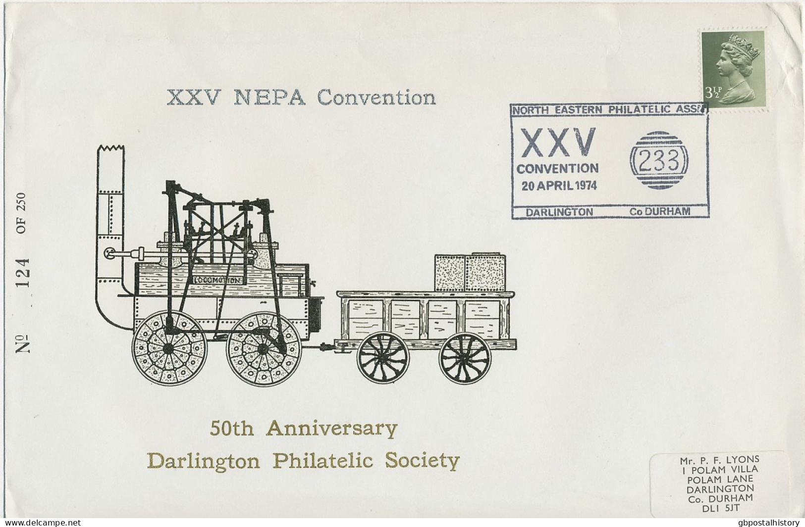 GB SPECIAL EVENT POSTMARKS 1974 NORTH EASTERN PHILATELIC ASSN XXV CONVENTION DARLINGTON CO DURHAM – SMALL FAULTS - Cartas & Documentos