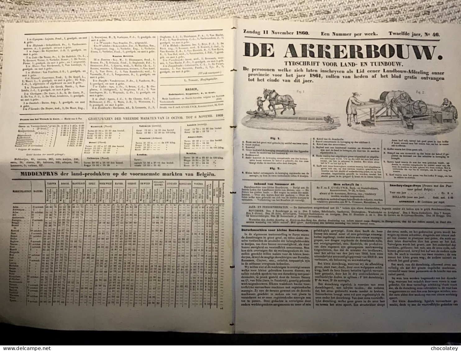 Terres Cultivées De Akkerbouw Gent 1860 Prijs Landprodukten Koeien Paarden - Antique