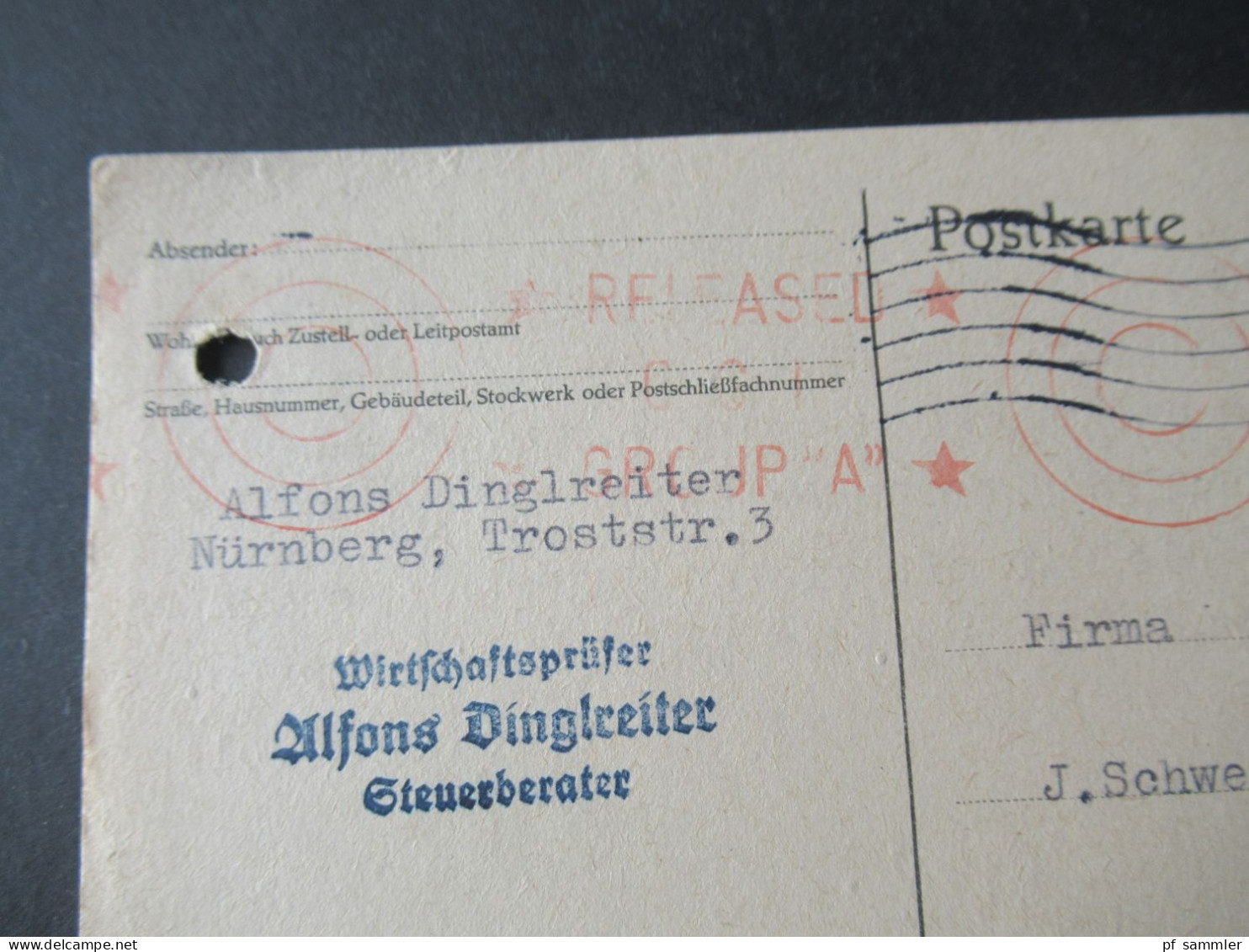 Kontrollrat Ziffer EF Stempel Nürnberg 19.8.1946 Und Roter Zensurstempel Released CCD Group A Nach München Gesendet - Briefe U. Dokumente