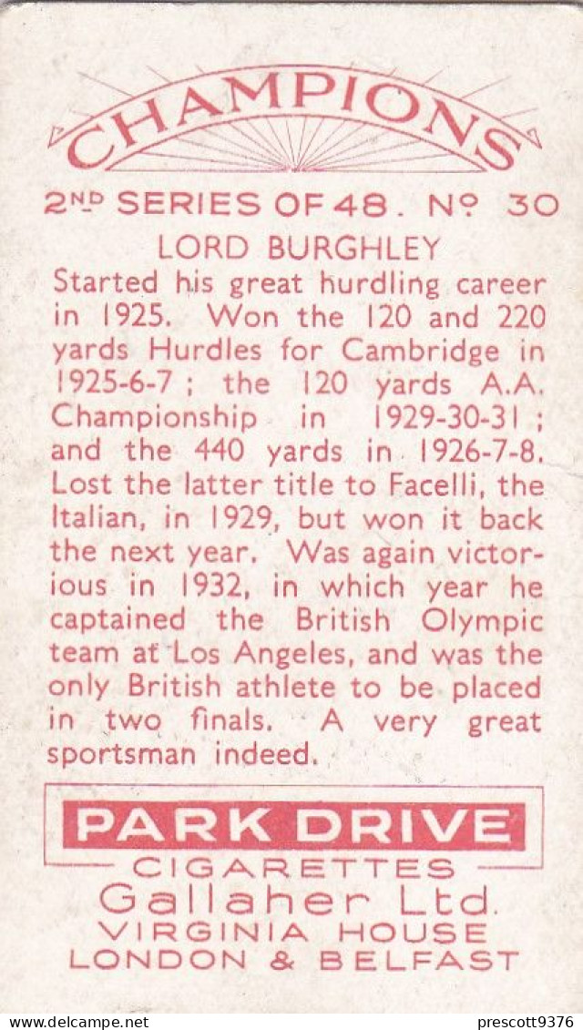 Champions 1934 - Gallaher Cigarette Card - 9 Lord Burghley, Athletics - Gallaher