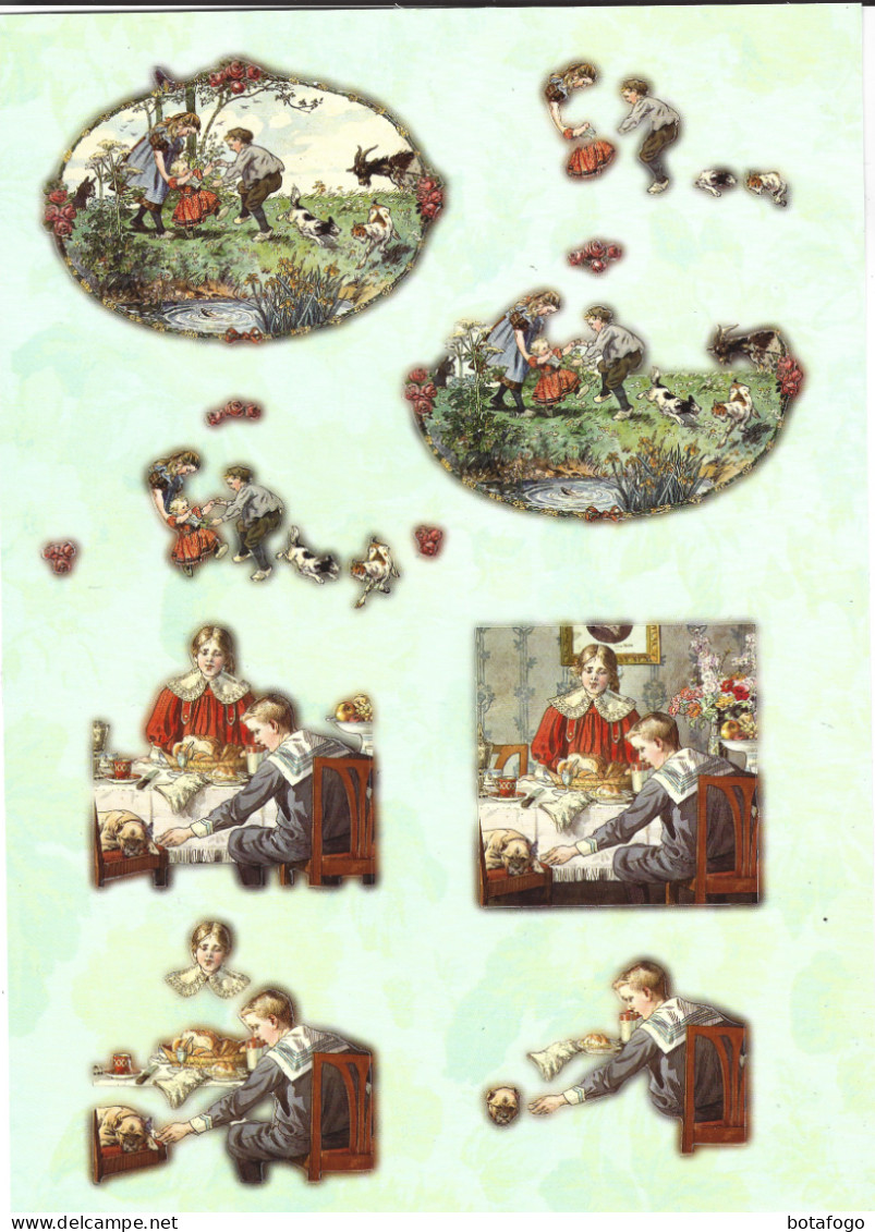 PLANCHE AVEC ENVIRONS 8(  Complet ) DECOUPIS   SCENES DE VIE ENFANTS (avec Legeres Paillettes Multicolores) - Infantes