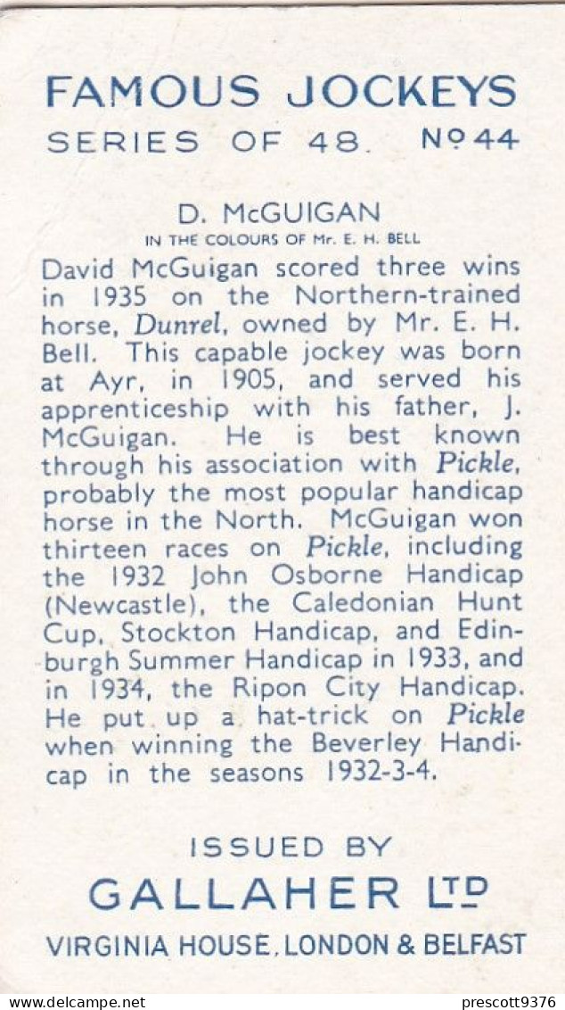 Famous Jockeys 1936 - Gallaher Cigarette Card - 44 David MacGuigan - Gallaher