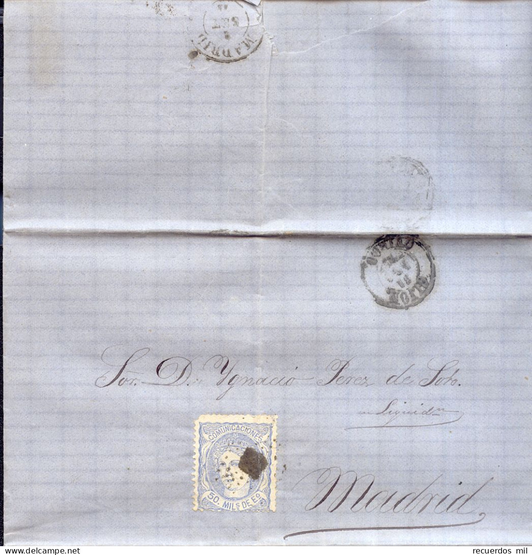 Año 1870 Edifil 107 Alegoria Carta  Matasellos Rombo Gijon Oviedo Ramon Alvarez Aceval - Lettres & Documents