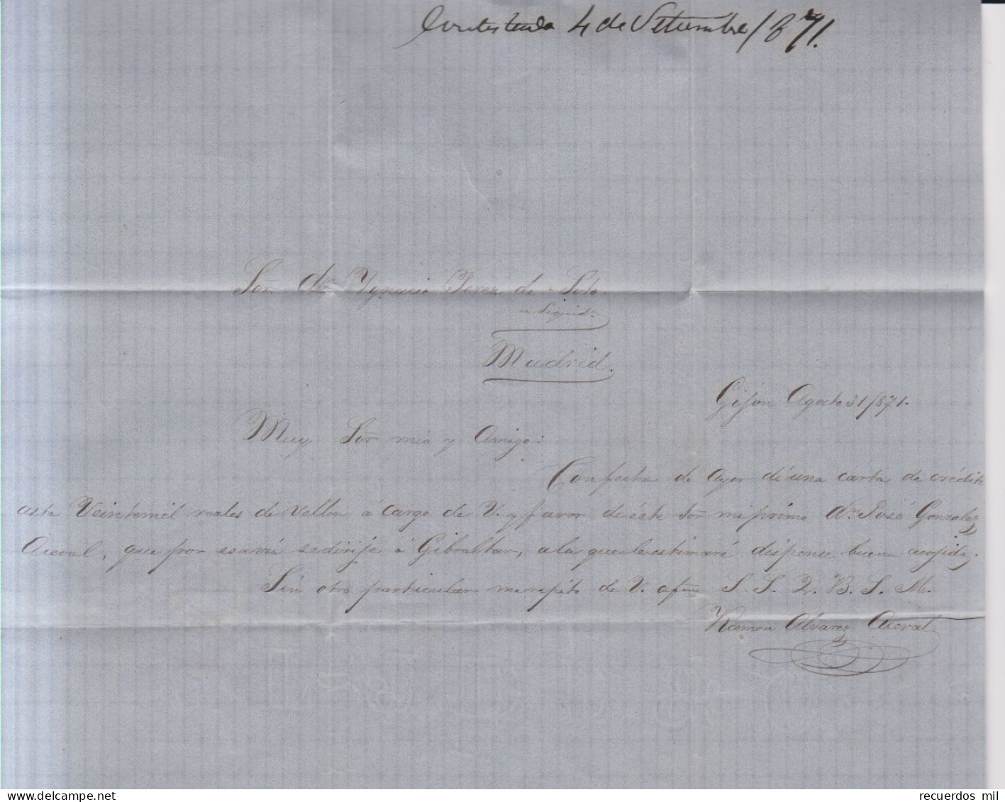 Año 1870 Edifil 107 Alegoria Carta  Matasellos Rombo Gijon Oviedo Ramon Alvarez Aceval - Cartas & Documentos