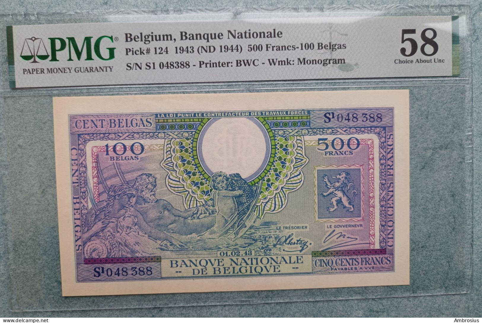 Belgium # P124 #Banque Nationale 500 Francs Ou 100 Belga London PMG 58 RARE!! - 500 Francs-100 Belgas