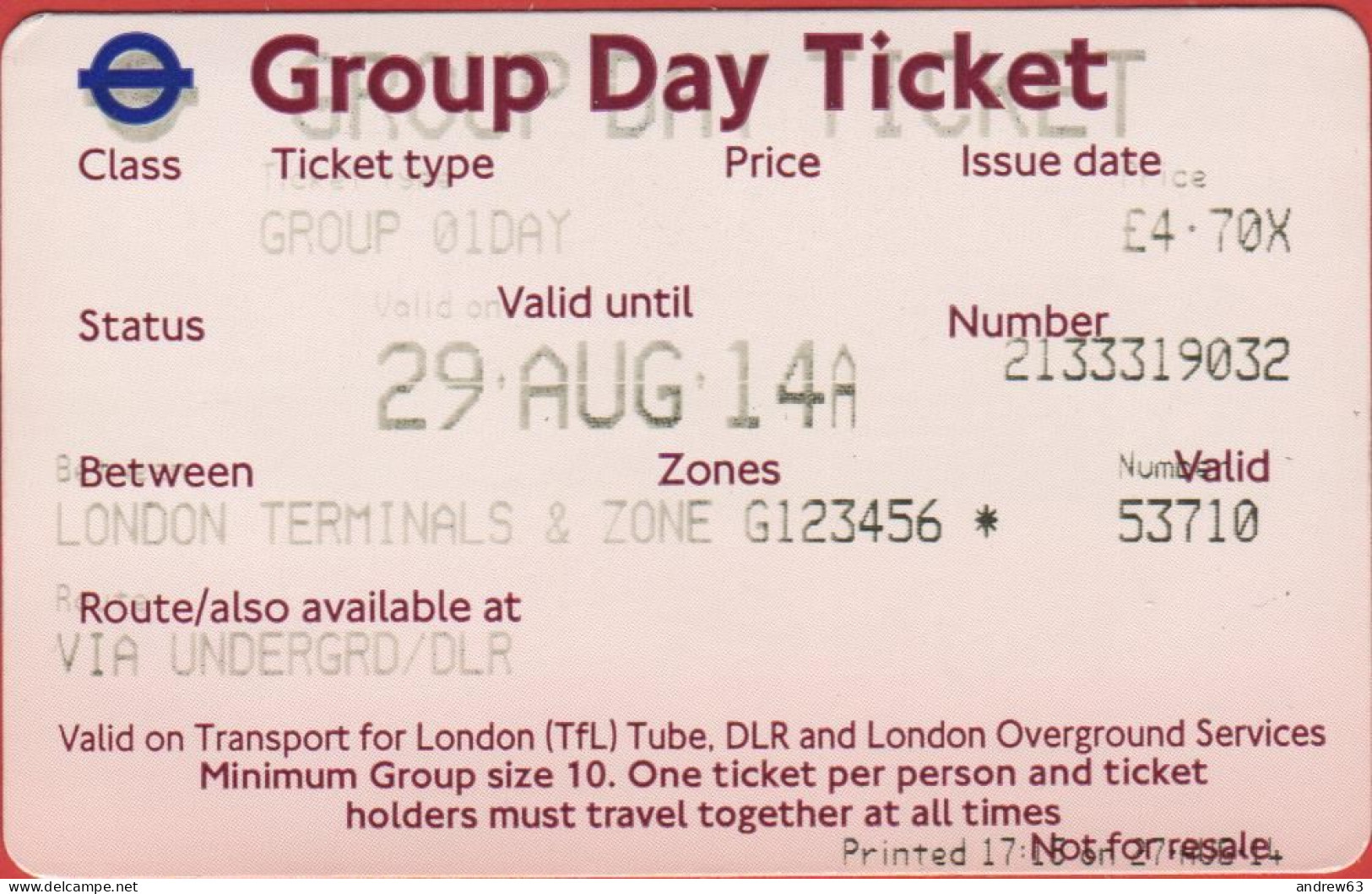 GB - Regno Unito - GREAT BRITAIN - UK - LONDON - 2014 - Metro Group Day Ticket - Used - Europa