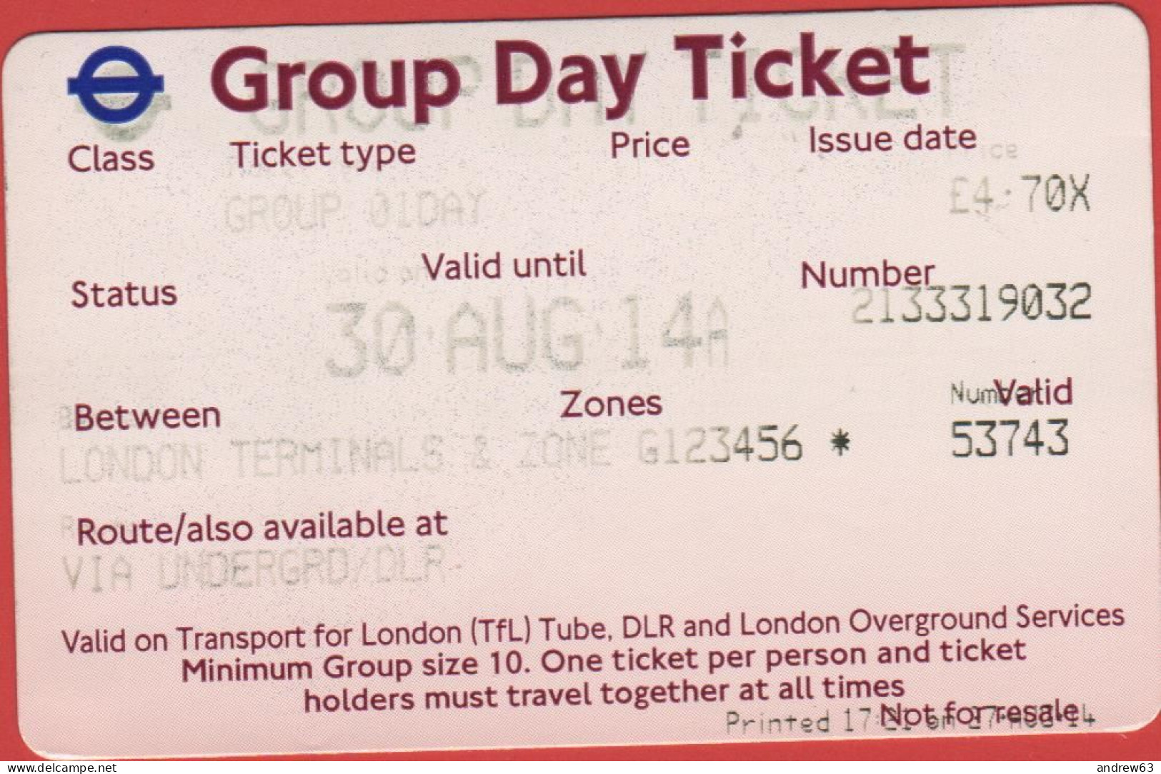 GB - Regno Unito - GREAT BRITAIN - UK - LONDON - 2014 - Metro Group Day Ticket - Used - Europe