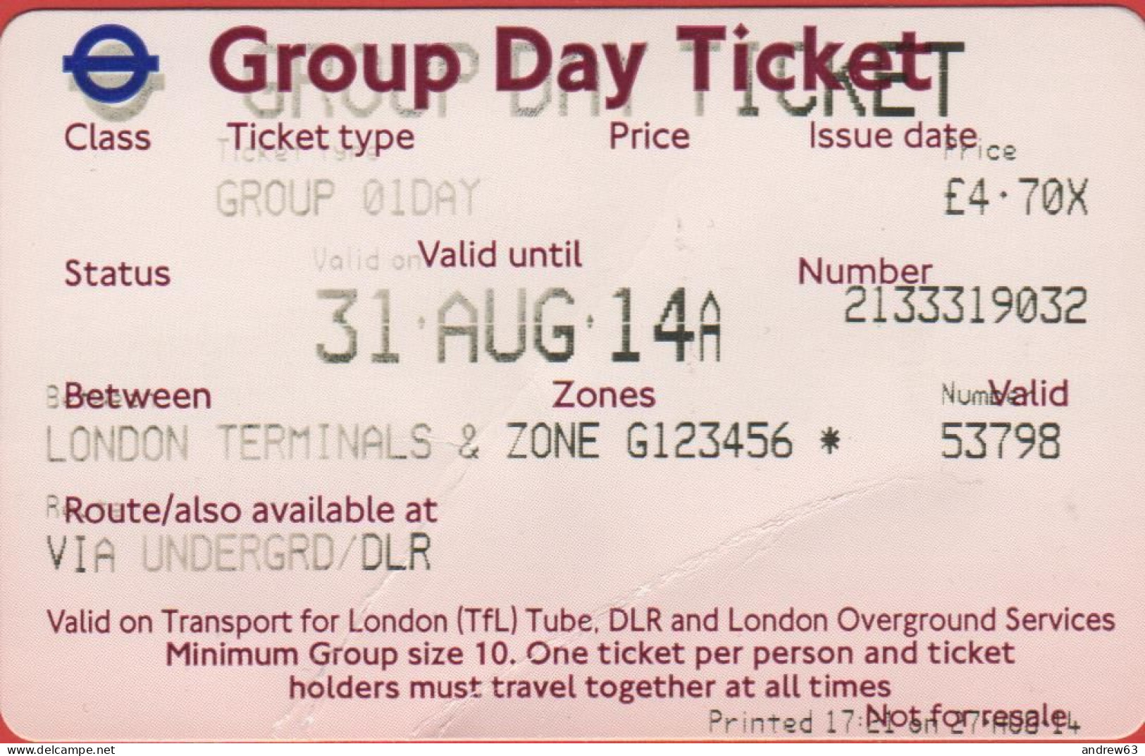 GB - Regno Unito - GREAT BRITAIN - UK - LONDON - 2014 - Metro Group Day Ticket - Used - Europa