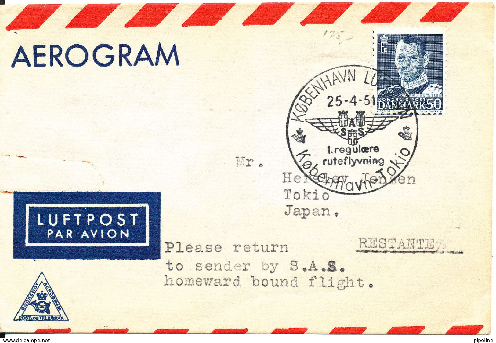 Denmark Aerogramme First SAS Flight Copenhagen - Tokyo 25-4-1951 - Luftpost