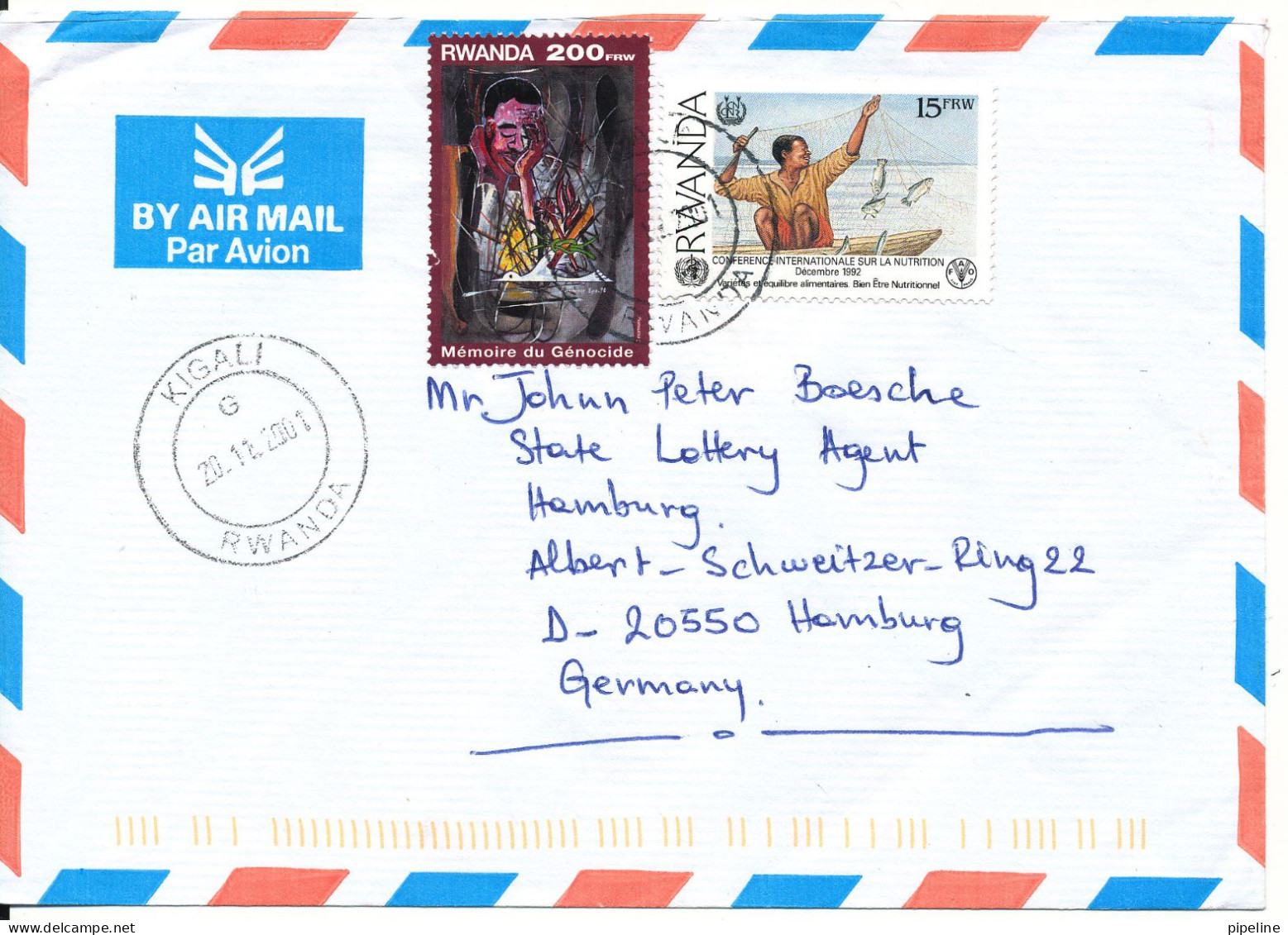 Rwanda Air Mail Cover Sent To Germany 20-12-2001 One Of The Stamps Is Damaged - Autres & Non Classés