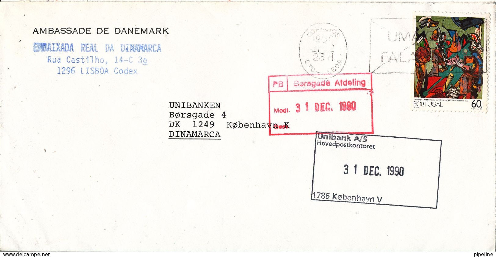 Portugal Cover Sent To Denmark 1990 Single Franked - Covers & Documents
