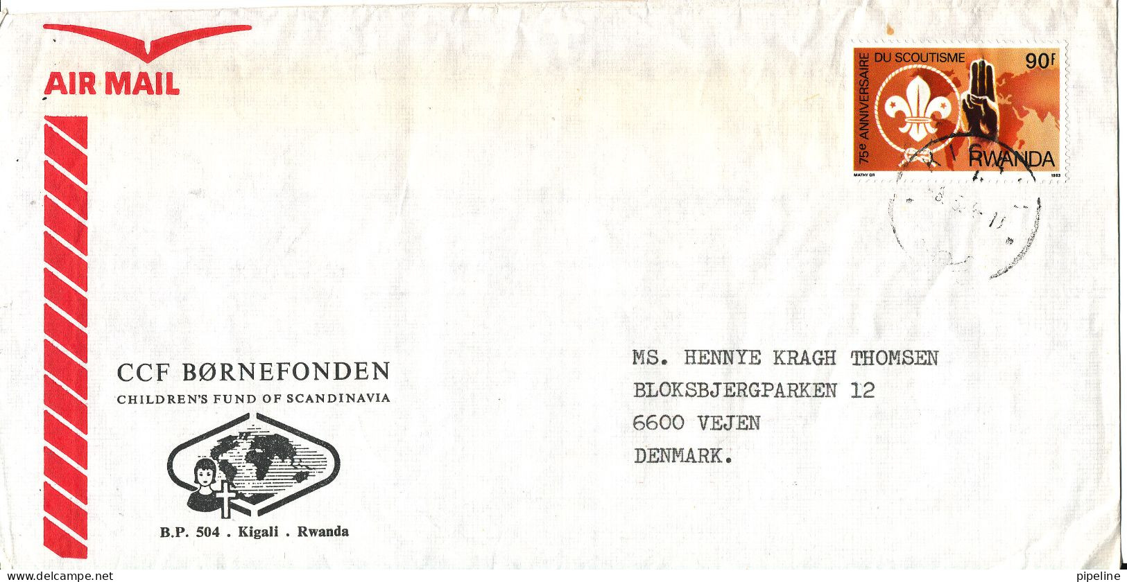 Rwanda Air Mail Cover Sent To Denmark With A SCOUT SCOUTING Stamp The Stamp Is Missing A Corner - Storia Postale