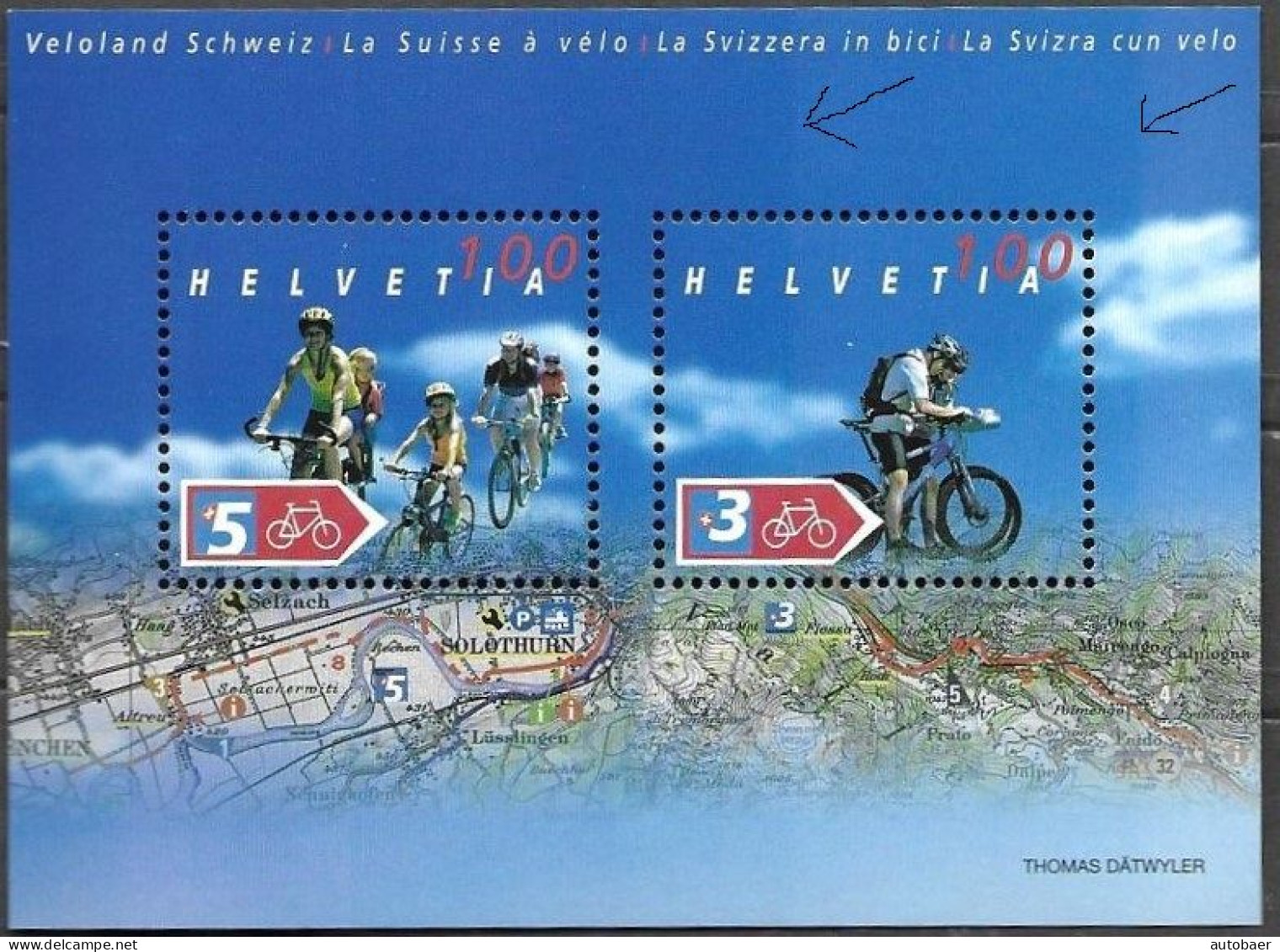 Switzerland Suisse Schweiz 2004 Veloland Bicycle Velo ABGESTUFTE HINTERGRUNDFARBE SBK 1118Ab Mi. Bl. 35 ** MNH Geprüft - Plaatfouten