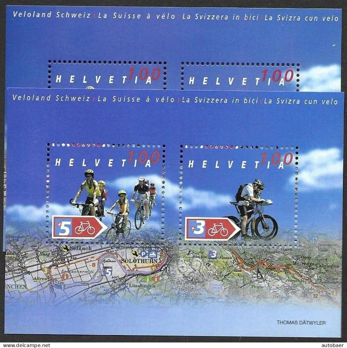 Switzerland Suisse Schweiz 2004 Veloland Bicycle Velo FARBENABART KÖNIGSBLAU SBK 1118 Mi. Bl. 35 ** MNH Postfr. - Variétés