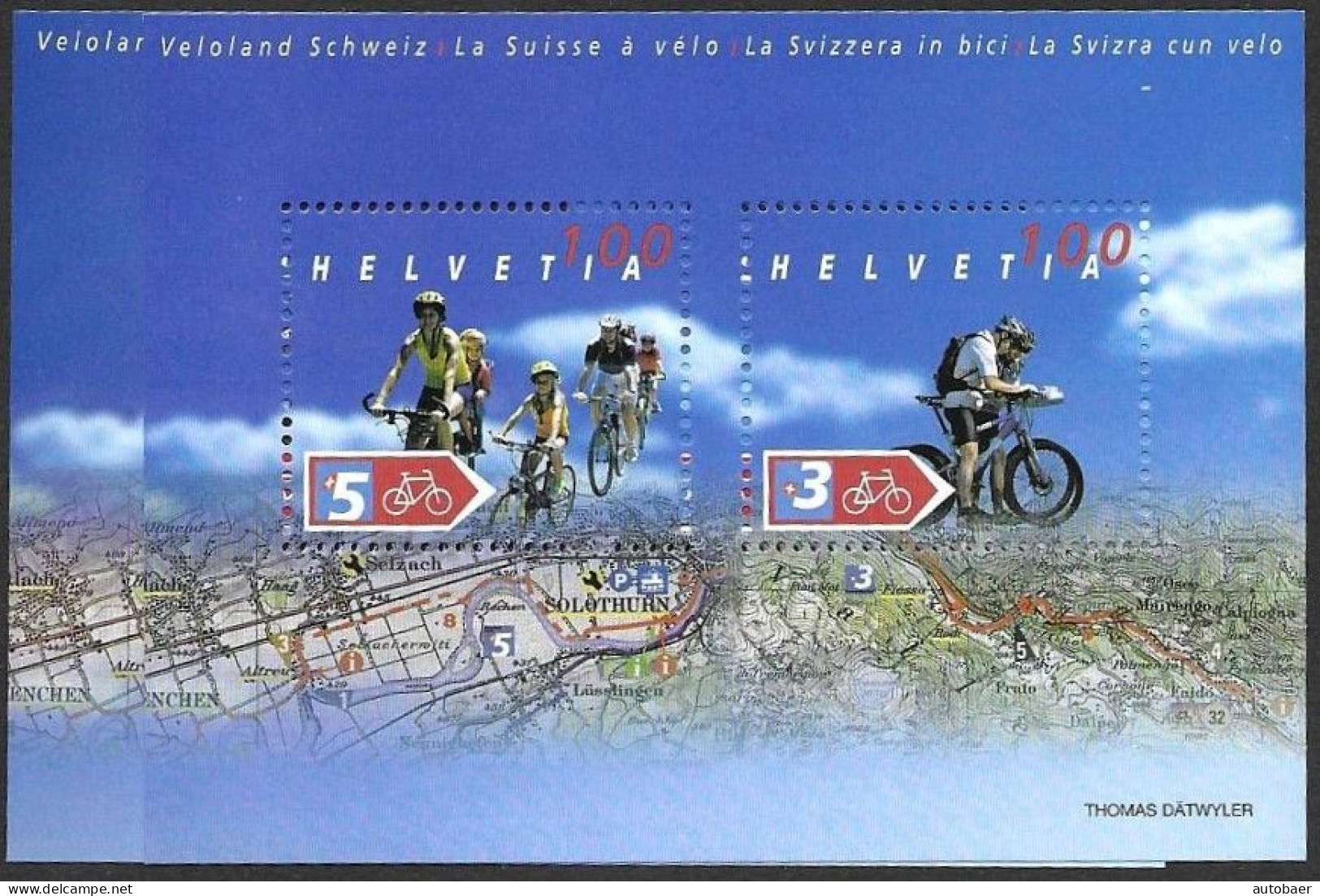 Switzerland Suisse Schweiz 2004 Veloland Bicycle Velo FARBENABART KÖNIGSBLAU SBK 1118 Mi. Bl. 35 ** MNH Postfr. - Variétés