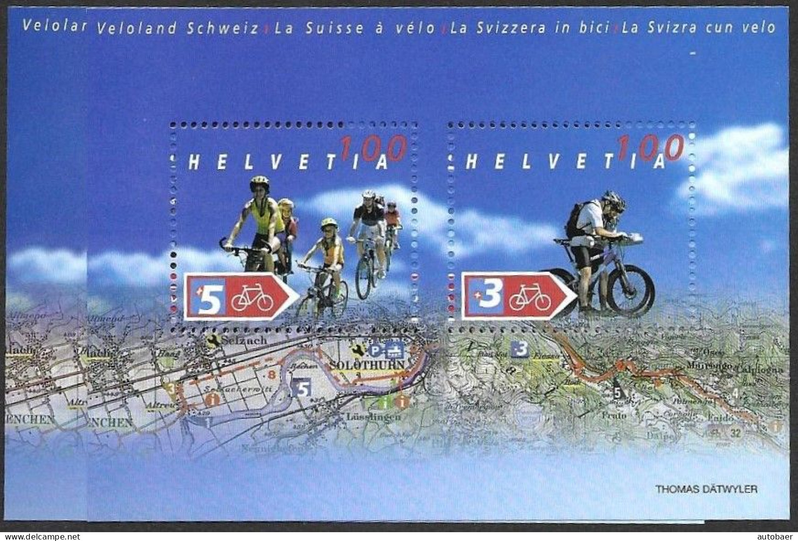 Switzerland Suisse Schweiz 2004 Veloland Bicycle Velo FARBENABART KÖNIGSBLAU SBK 1118 Mi. Bl. 35 ** MNH Postfr. - Varietà