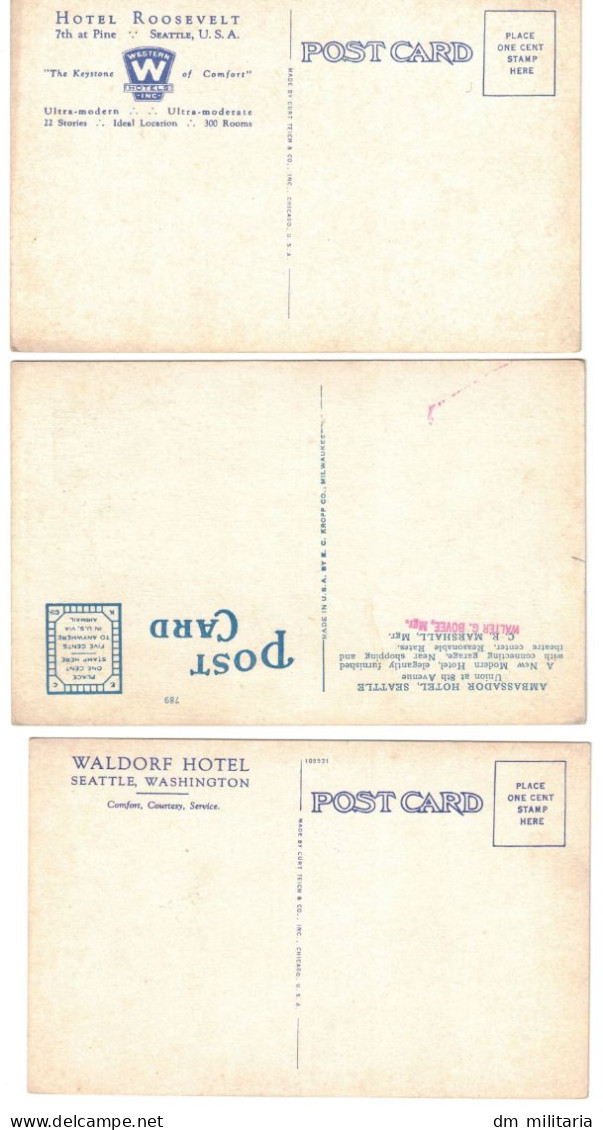 LOT 3 CPA : SEATTLE WASHINGTON - HOTEL ROSEVELT - AMBASSDOR HOTEL - WALDORF HOTEL - DÉBUT ANNÉES 1900 - Seattle