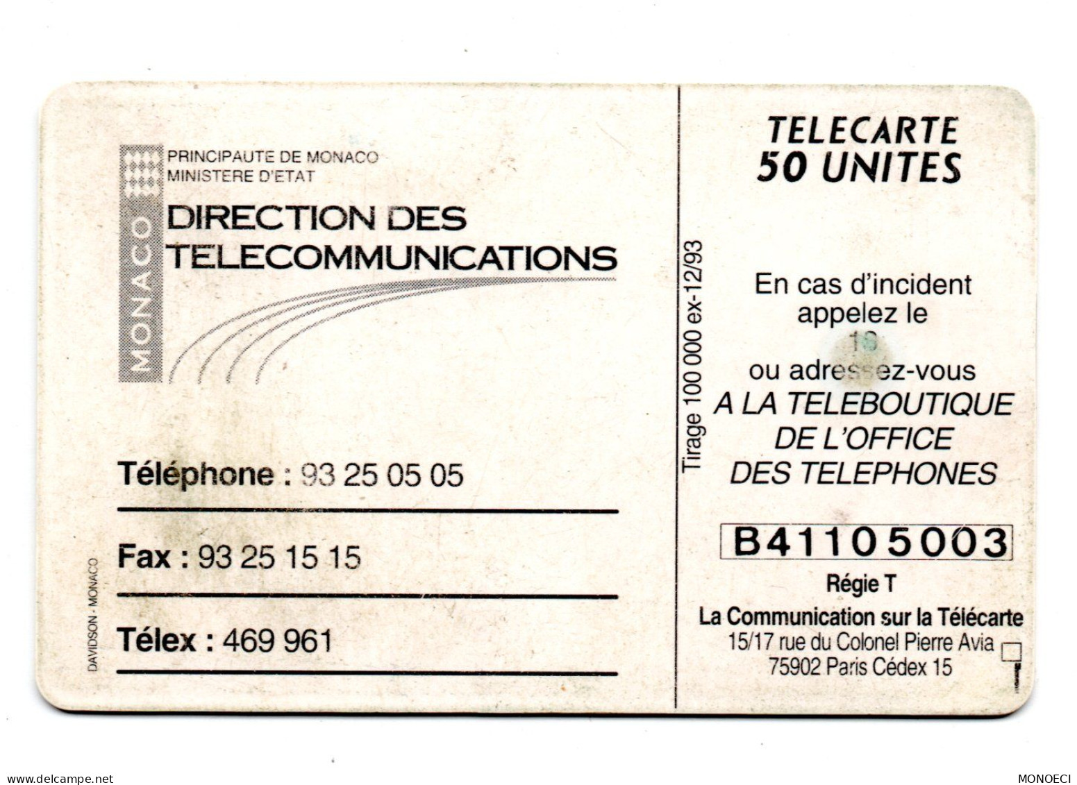 MONACO -- MONTE CARLO -- Télécarte 50 Unités Utilisée -- DIRECTION  Des TELECOMMUNICATIONS - Monaco