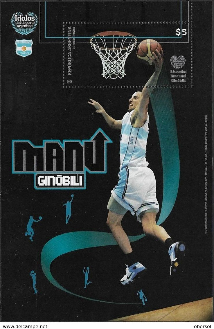 Argentina 2008 Sport Idols Basketball Manu Ginobili Souvenir Sheet MNH - Ungebraucht