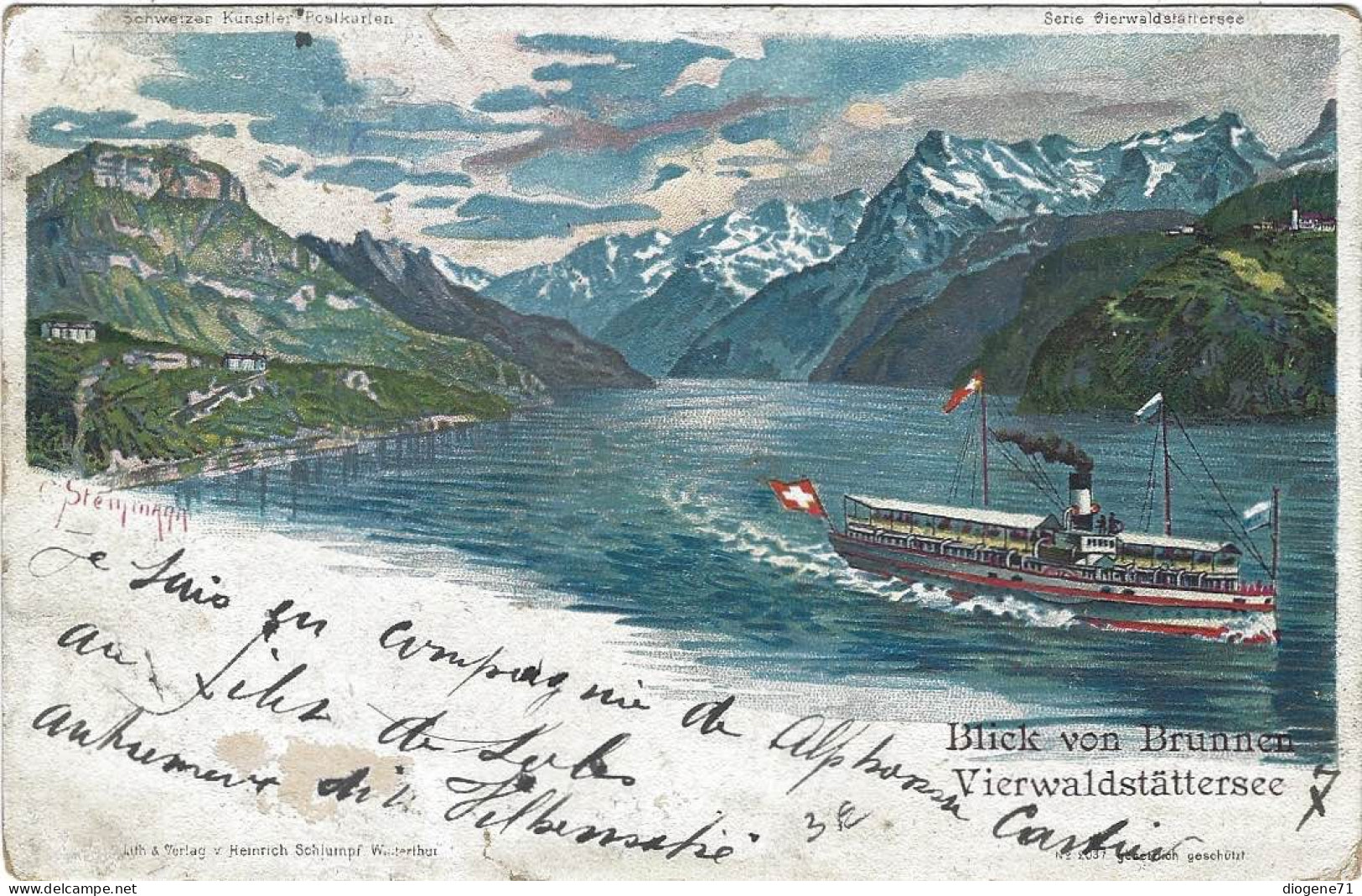 Blick Von Brunnen Vierwaldstättersee Litho Steinemann 1903 Selten Dampfer - Ingenbohl